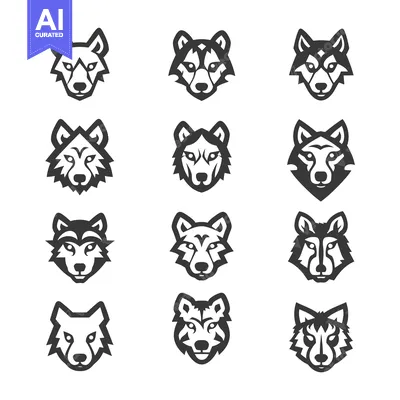Set of twelve stylized black and white wolf head icons