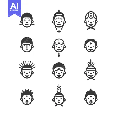 Aset premium populer: Set of twelve stylized human faces with various hairstyles and facial