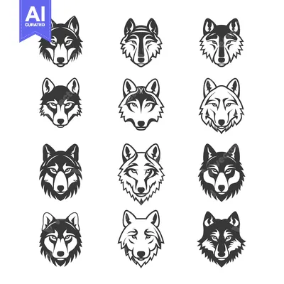 Set of twelve stylized wolf head illustrations