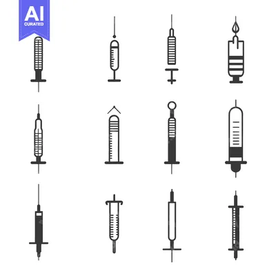 Set of twelve syringe and needle icons in black and white