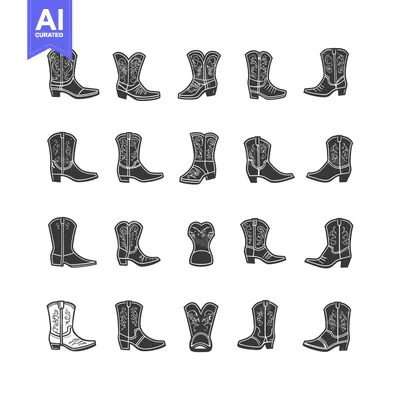 Set of twenty black silhouette cowboy boots with different designs