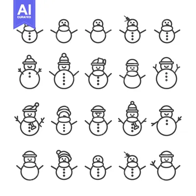 Set of Twenty Snowman Line Icons with Different Hats and Accessories