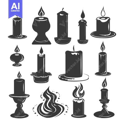 Set of Various Candle Silhouettes with Flames