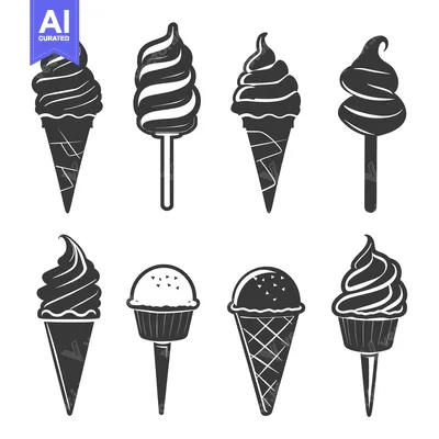 Set of various ice cream silhouettes in black and white.