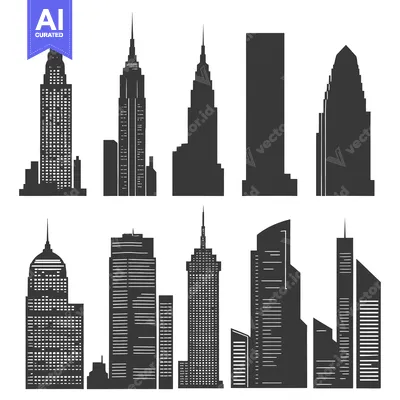 Set of Various Skyscraper Silhouettes in Black and White