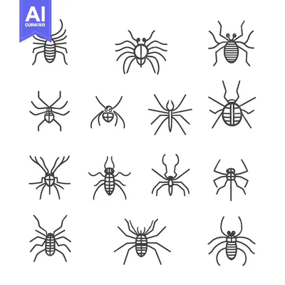 Set of various spider illustrations, drawn in black outline