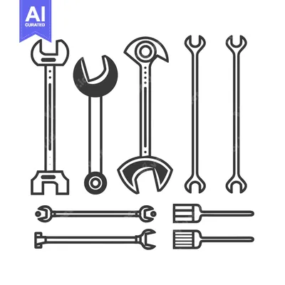 Set of Various Wrench Tools in Black Outline