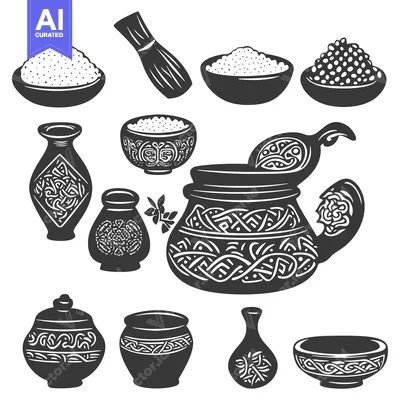 Set of Vintage Ceramic Kitchen Utensils with Ornate Designs