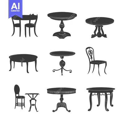 Aset desain premium: Set of Vintage Furniture Silhouettes: Tables and Chairs