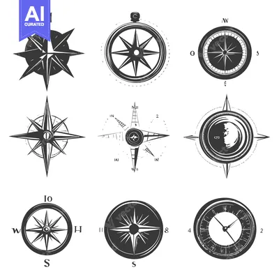 Aset desain premium: Set of Vintage Hand-Drawn Compass and Windrose Illustrations