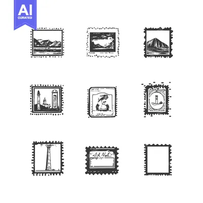 Set of Vintage Hand-Drawn Postage Stamps with Travel Scenes