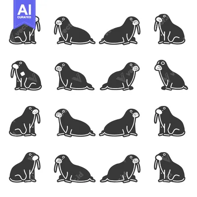 Aset desain premium: Set of walrus silhouette illustrations in different poses