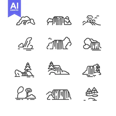 Set of Waterfall Line Icons with Different Landscapes