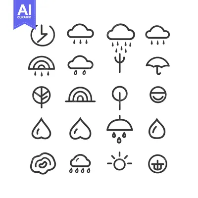 Set of Weather Icons with Rain, Clouds, Sun, Rainbow, and Umbrella