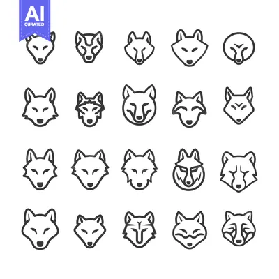 Aset desain premium: Set of Wolf Head Line Icons, Black and White