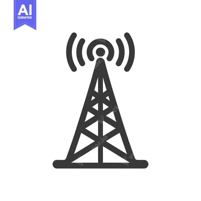 Minimalist Communication Tower Icon with Radio Waves, Dark Gray on Whi