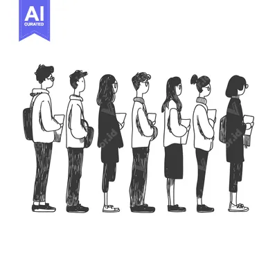 Seven People Standing in a Line, Drawn in a Hand-Sketched Style