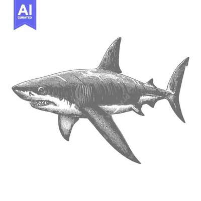 A detailed grayscale illustration of a great white shark