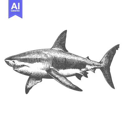 Detailed monochrome illustration depicting a large predatory shark swi