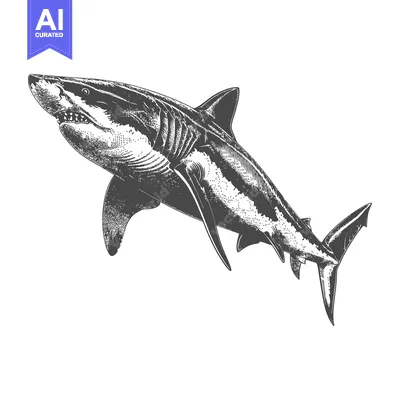 Detailed grayscale illustration of a fearsome aquatic predator shark
