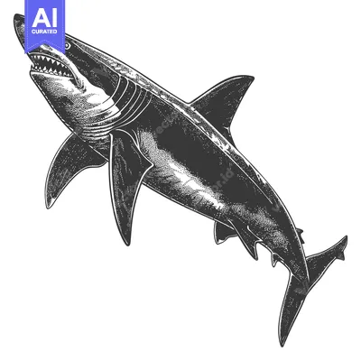 Aset desain premium: A monochrome drawing shows a shark swimming in the ocean