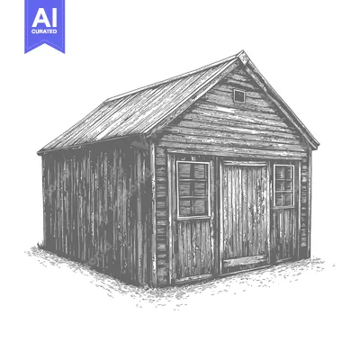 Aset desain premium: A detailed illustration of a rustic wooden storage shed building