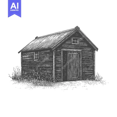 A rustic wooden shed structure with a gabled roof is depicted