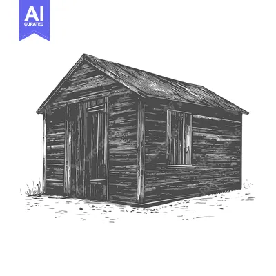 A detailed grayscale illustration depicting a simple wooden shed struc