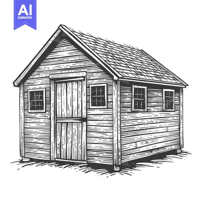 Aset premium populer: A simple wooden shed illustration with closed door and windows