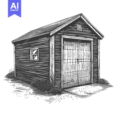 Aset desain premium: An illustration of a rustic wooden garage building in black and white