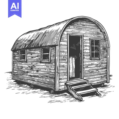 Aset desain premium: An old wooden hut with arched roof and open doorway
