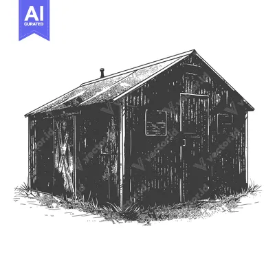 Aset desain premium: A detailed vintage illustration depicting a weathered wooden building
