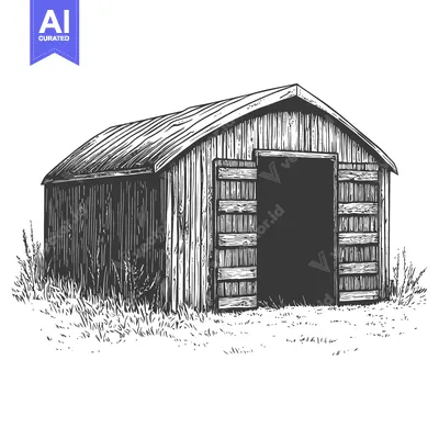 Aset desain premium: A weathered wooden storage shed with open doors in a field