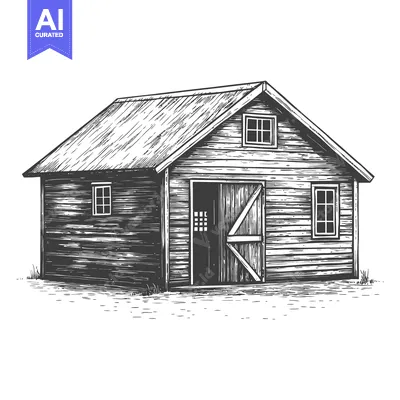 Aset desain premium: A detailed sketch shows a simple wooden barn building on the ground