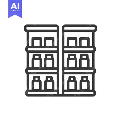 Aset premium populer: Minimalist Icon of a Two-Shelf Storage Unit with Bottles, Outline Styl