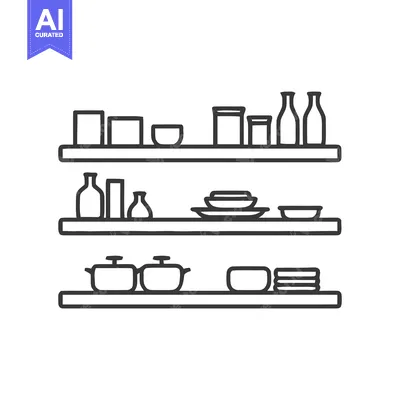 Aset desain premium: Minimalist Kitchen Shelves Illustration with Cookware and Dishes Outli