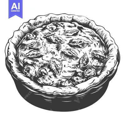 A detailed black and white illustration depicting a baked pie dish