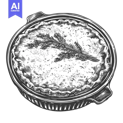 An Overhead Engraved Illustration Depicting Baked Pie Served In Dish