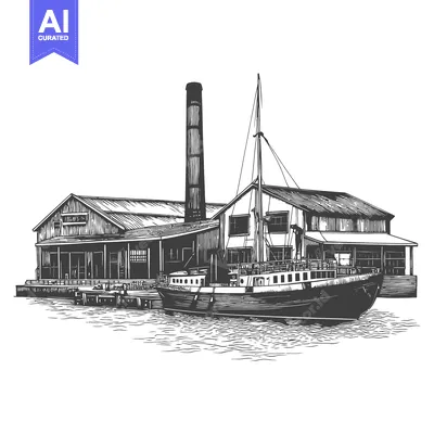 Aset premium populer: A vintage illustration depicting a factory and a large sailboat
