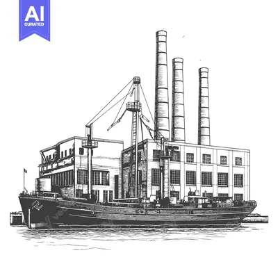 Detailed ink illustration depicting an industrial ship and factory bui