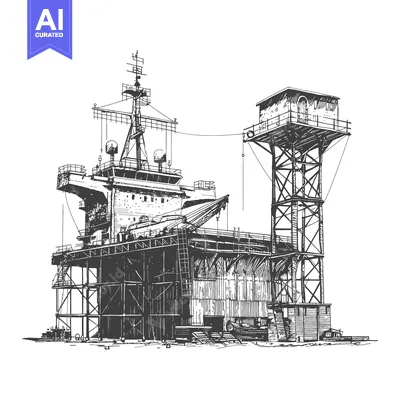A detailed black and white architectural drawing of a maritime structu