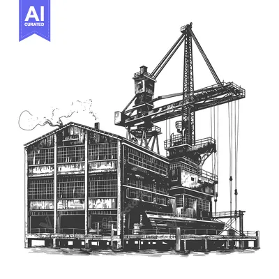 Aset premium populer: An industrial factory with a crane and smoking chimney