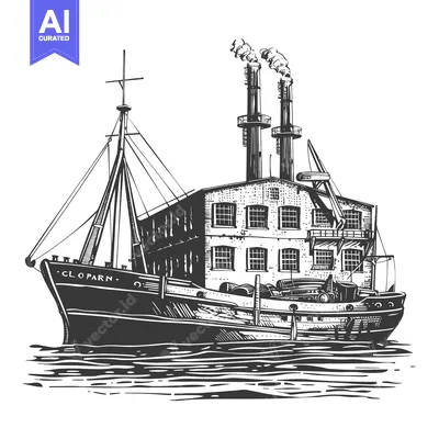 An illustrated drawing of a factory ship on the water