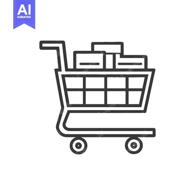 Aset desain premium: Minimalist Shopping Cart Icon with Boxes, Black Outline on White Backg
