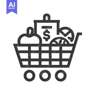 Aset desain premium: Shopping Cart Filled with Groceries and Dollar Sign
