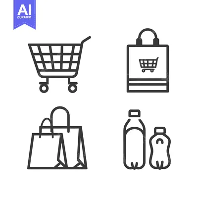 Aset desain premium: Shopping Cart, Shopping Bags, and Bottles Line Icons