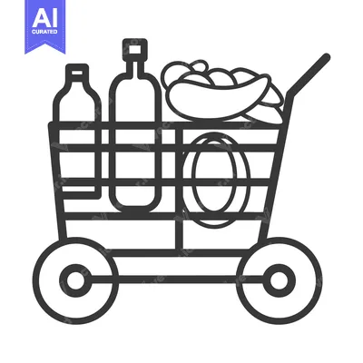 Aset desain premium: Shopping Cart with Bottles, Fruit, and a Round Object