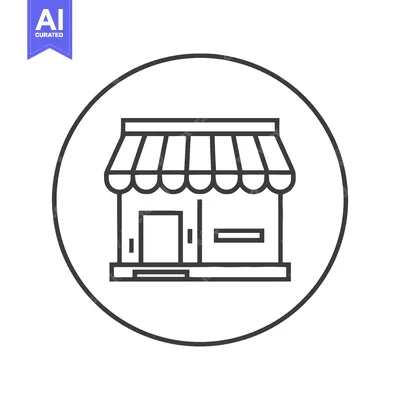 Aset desain premium: Minimalist Storefront Icon with Awning in Circular Frame, Line Art