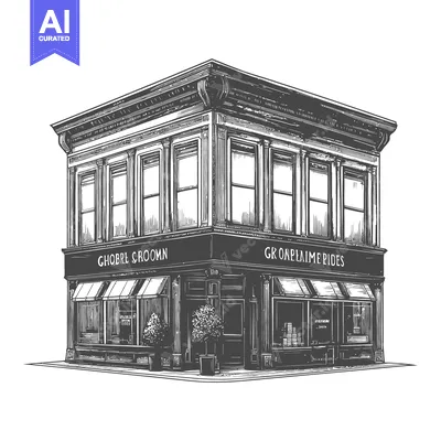 Aset desain premium: A detailed black and white illustration depicting a corner building st