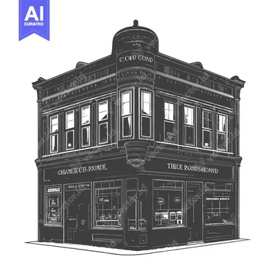 Premium design asset: A detailed black and white illustration of a corner building facade